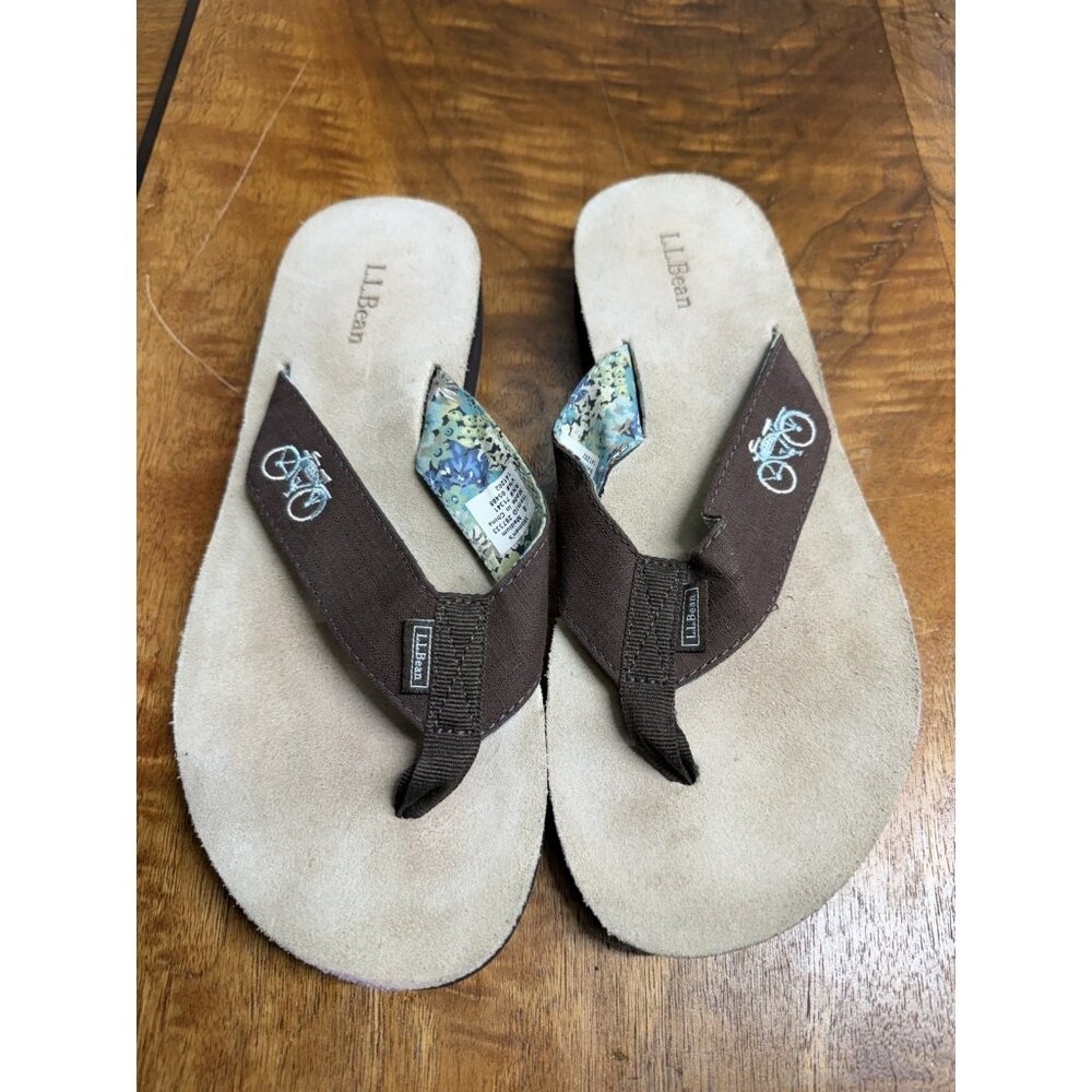 LL Bean Women's 8 Brown Nylon Leather Slip On Thong Flip Flop Sandals Bicycle